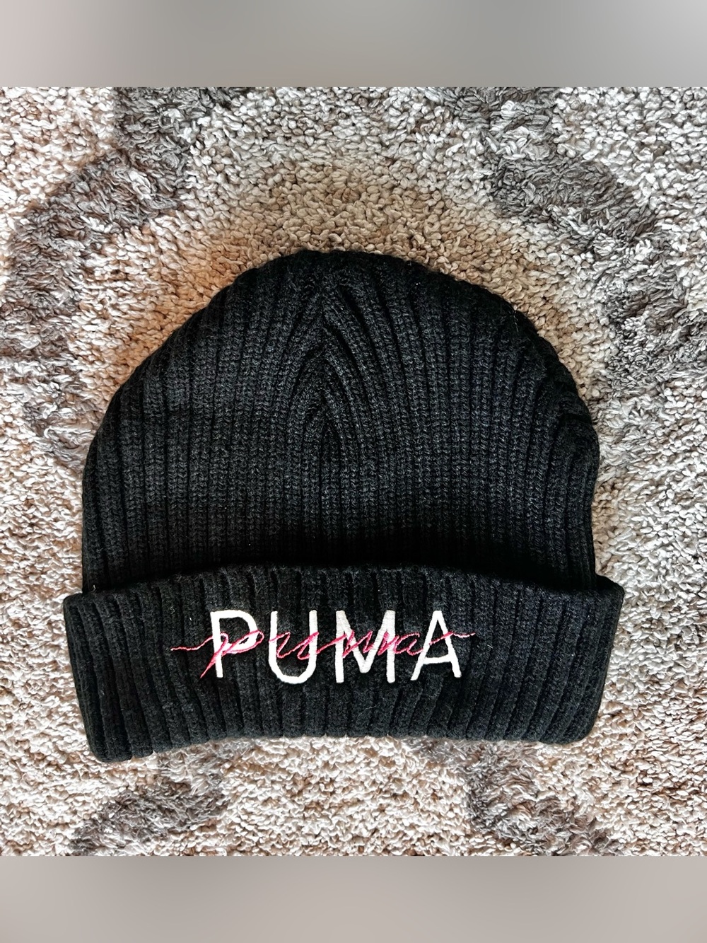 PUMA Black Ribbed Knit Cuffed Beanie Pink White Embroidered Logo